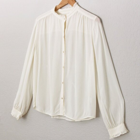 Aritzia Wilfred Ruffle High Neck Button Front Blouse Shirt S Cream Semi Sheer - Picture 2 of 15